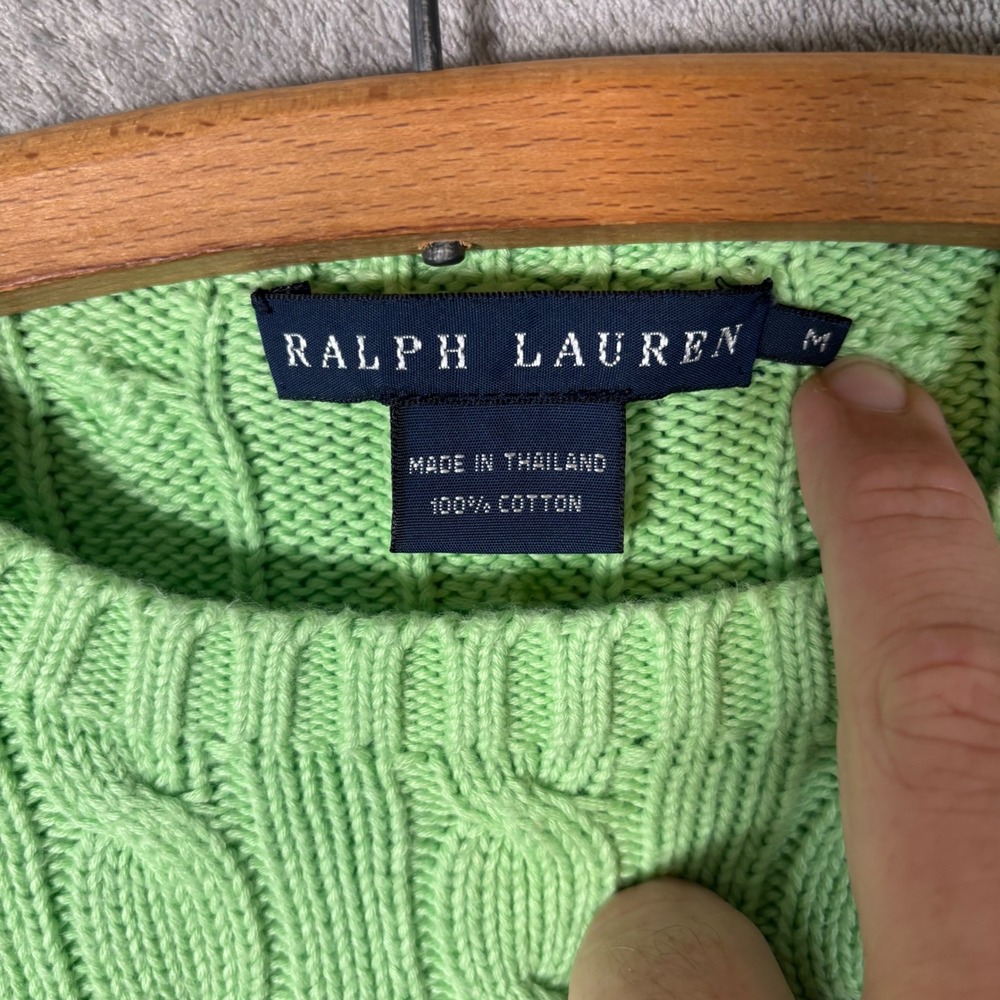 Ralph Lauren Womens Lime Green Cable Knit Cotton Crew Neck Sweater Size M Preppy - Picture 4 of 13